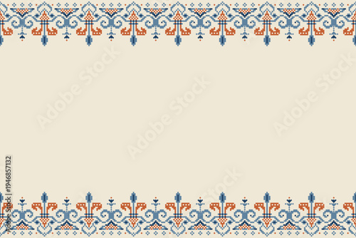 Seamless pixel folk border pattern placed along the top and bottom edges of a beige background. Blue and orange ornamental motifs in a horizontal symmetric layout for fabric and print use.
