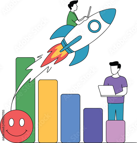 A rocket powered business chart with a happy face
