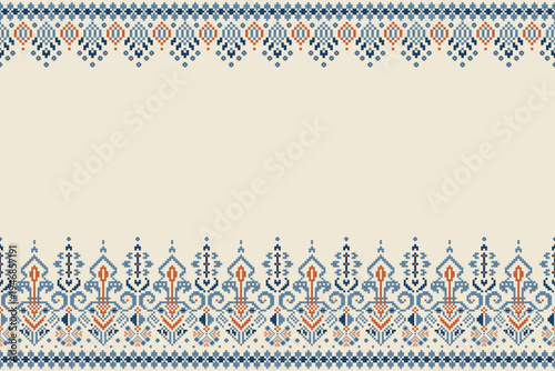 Seamless pixel folk border pattern placed along the top and bottom edges of a beige background. Blue and orange ornamental motifs in a horizontal symmetric layout for fabric and print applications.