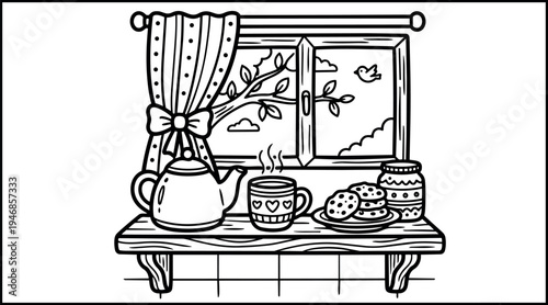 Black and white line art showing window view with tied curtain and kitchen table tea pot cup cookies and jar in calm morning scene