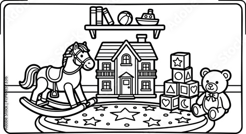 Black and white line art vintage rocking horse dollhouse toy blocks teddy bear on star patterned rug in playroom scene