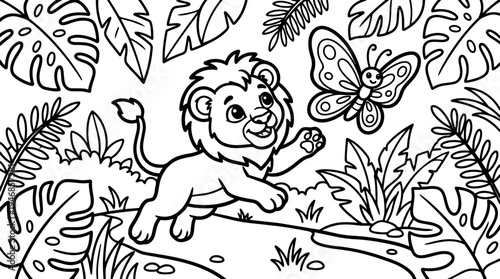 Black and white line art jungle scene with playful lion cub chasing smiling butterfly among tropical leaves and plants vector illustration