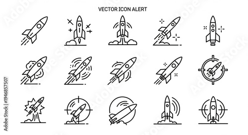 Collection of Rocket Ship Icons in Line Art Style.
