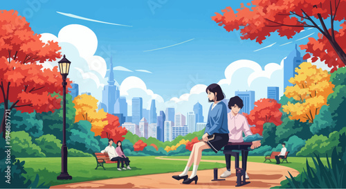 Couple Enjoying Autumn Park Scenery with City Skyline