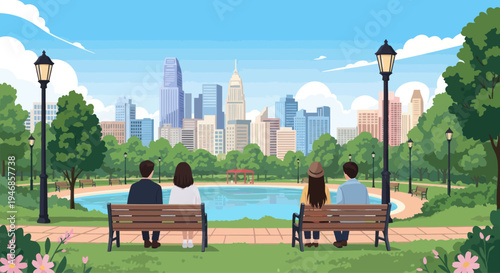 Couple Relaxing in Park, City Skyline View, Serene Nature Scene
