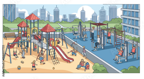 Vibrant City Playground and Outdoor Gym with People Enjoying Recreation