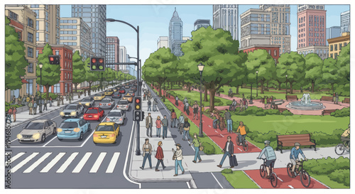 Vibrant Cityscape with Busy Traffic, Pedestrians, Cyclists, and Park