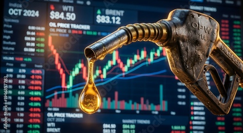 Gasoline pump nozzle with golden droplet over high tech oil price tracker display showing wti and brent market trends for october 2024 reflecting volatility in international energy trading platforms