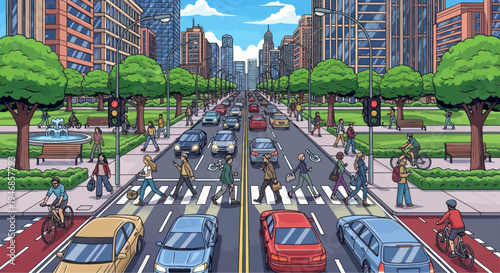 Busy City Street Scene with Traffic and Pedestrians Crossing