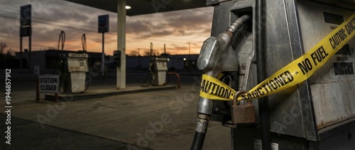Abandoned gas station with caution tape and no fuel sign at sunset  