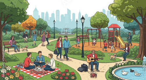 Vibrant City Park Scene: Families, Couples, and Activities on Sunny Day