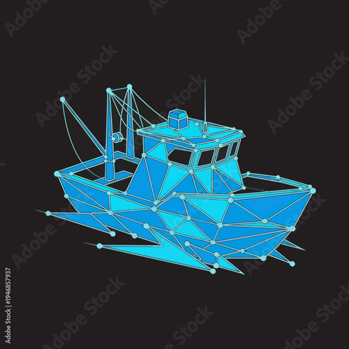 Low Poly Wireframe Fishing Boat Model.