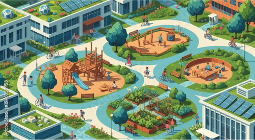 Eco-friendly city park with playground, community garden, and sustainable buildings