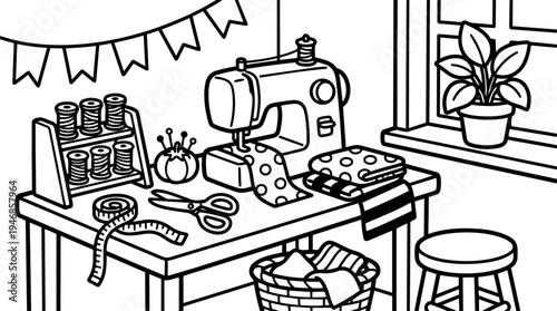 Black and white line art sewing machine with fabric scissors pin cushion and thread spools on table near window with plant and stool