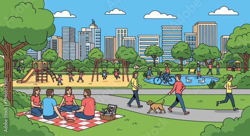 Diverse people enjoying a sunny day in a vibrant city park with playground, pond, and picnic