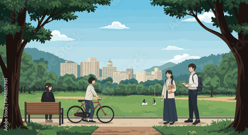 Pixel art park scene with students and cityscape in background