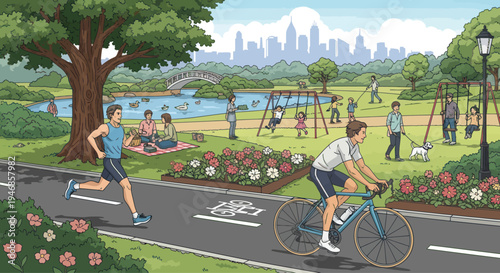 People enjoying outdoor activities in a vibrant city park on a sunny day.