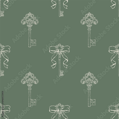 Seamless pattern of vintage antique keys with bows. Whimsical retro keys. Green and beige vector background. Outline illustration in Rococo, Baroque, and Victorian styles.