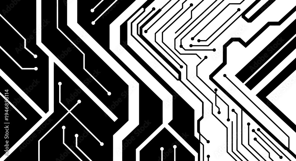 Obraz premium Abstract circuit board pattern, intricate electronic motherboard design with black lines on isolated white background