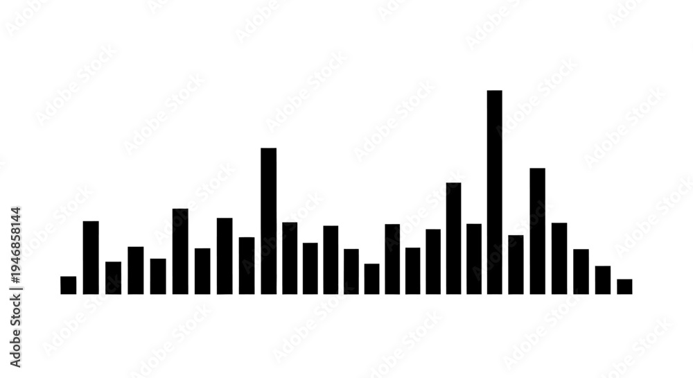 Fototapeta premium Bar graph data visualization, financial market analysis or sound equalizer with black vertical bars on isolated white background