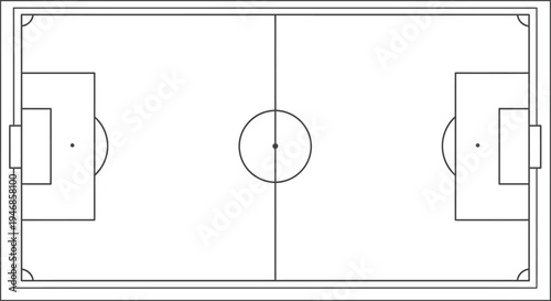 Top view outline of a soccer field, football pitch layout with goal areas and center circle on isolated white background