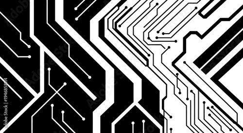 Abstract circuit board pattern, intricate electronic motherboard design with black lines on isolated white background