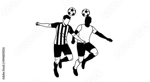 Two energetic male soccer players heading a football during a competitive match on isolated white background