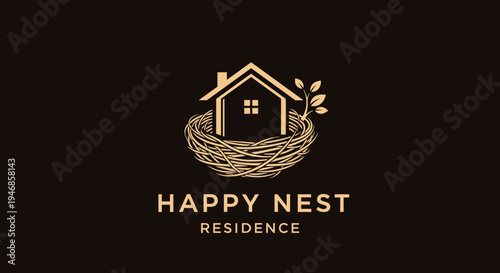 Golden house in a nest logo.
