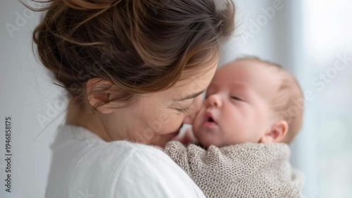 Soft daylight streams through a window. Woman cradles her newborn close. Her eyes close gently as she smiles. The baby looks up with wide eyes. She nuzzles the infant's cheek