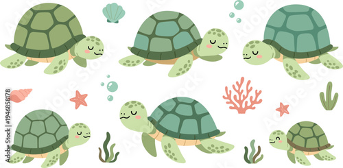 Cute Sea Turtle Cartoon Collection with Swimming Turtles, Ocean Shells, Coral, Seaweed, and Bubbles Marine Life Kids Style Vector Illustration Set