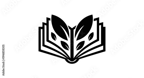 Open book with green leaves as pages, symbolizing nature and learning, isolated white background.