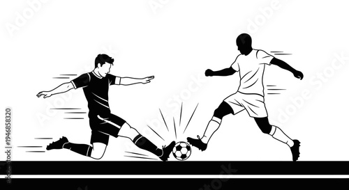 Dynamic soccer players competing for the ball, one sliding to kick, on an isolated white background.