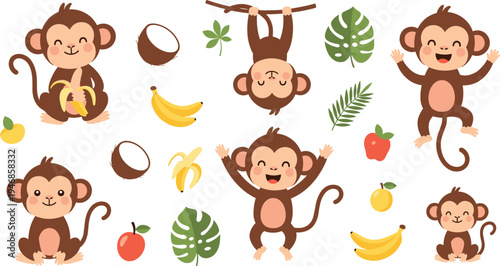 Cute Monkey Cartoon Character Collection with Bananas, Coconut, Tropical Leaves, and Playful Jungle Animals Kids Style Vector Illustration Set
