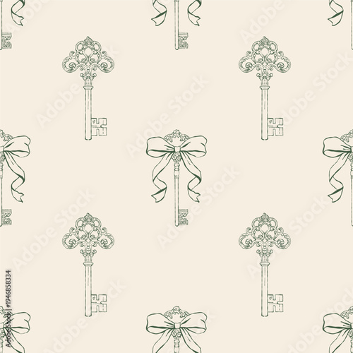 Seamless pattern of vintage antique keys with bows. Whimsical retro keys. Green and beige vector background. Outline illustration in Rococo, Baroque, and Victorian styles.