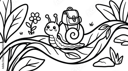 Cute smiling snail carrying a small backpack walking on a curved leafy branch in cartoon style black and white vector art