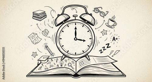 Alarm clock on open book with school doodles.