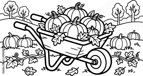Black and white line art wheelbarrow filled with pumpkins in garden field autumn harvest scene with trees and leaves