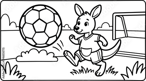 Cute kangaroo playing soccer on grassy field near goal post cartoon black and white line art vector illustration