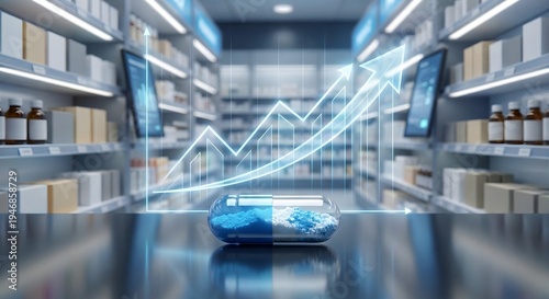 Blue pharmaceutical capsule on table with glowing digital growth chart and pharmacy shelves in background representing medical advancement health industry success and rising costs of medication supply