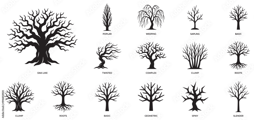 Fototapeta premium Bare trees silhouettes vector icons set. Dead or winter trees with branches and roots, oak, poplar and weeping willow shapes. Vector Illustration.
