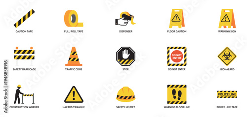 Safety and construction warning icons set in flat style. Road hazard symbols, caution tape, traffic cones, and industrial safety equipment signs on white background.