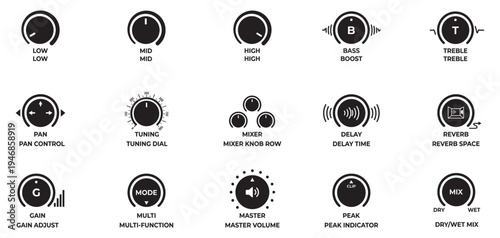 Audio mixer control knobs and sliders icons set. Music production interface elements for bass, treble, volume and reverb adjustments. Vector Illustration.