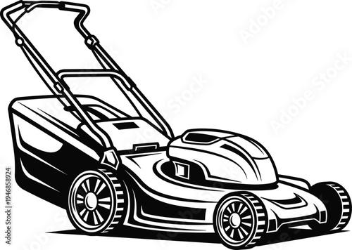 Vector illustration of modern push lawn mower with handle, large wheels, grass collection bag, and sleek design for gardening and landscaping.