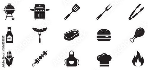 BBQ grill icon set. Barbecue and grilling icons. BBQ icon set. Barbeque icon vector. 