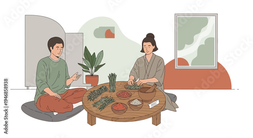 Couple preparing food together, healthy ingredients on table, cozy home scene