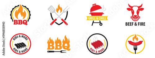 BBQ and grill restaurant logo templates set. Barbecue labels with fire, meat ribs, sausage, cow head, and grilling tools for steakhouse branding.