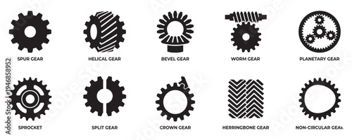 Mechanical gear types vector icons set. Different industrial cogs, sprockets, worm gear and planetary gears silhouettes with labels. Vector Illustration.