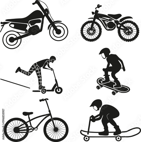 Black and white silhouettes of people riding various wheeled sports equipment motorcycle dirt bike d