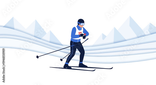 Cross-country skier in action, winter sports, mountain landscape background, flat design illustration