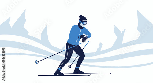 Cross-country skier in blue sportswear, checking smartwatch, winter landscape background